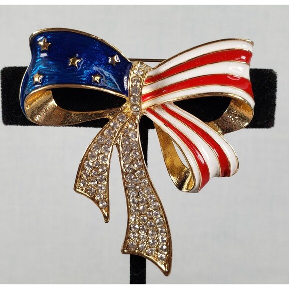 Red White & Blue Enamel Striped Gold Bow Rhinestones and Gold Stars Brooch - Picture 3 of 16